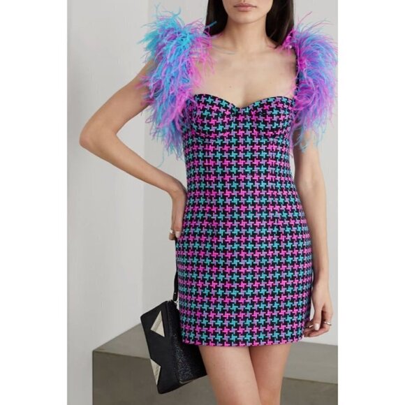 AREA Feather Strap Mini Dress in Fuchsia & Aqua 2 New womens Tweed Cocktail - Picture 17 of 17